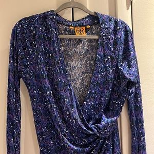 Tory Burch Faux Wrap Long Sleeve Dress XL Blue Purple